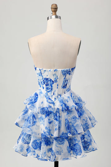 White Blue Floral A-line Sweetheart Corset Tiered Short Homecoming Dress